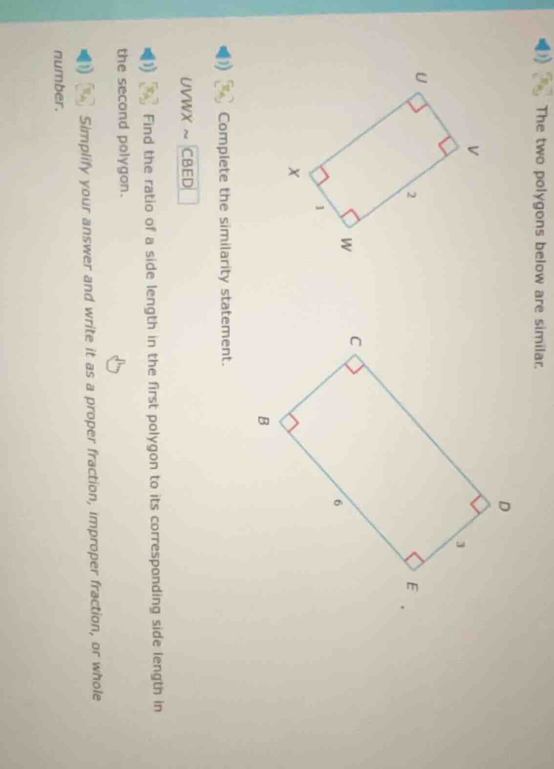 the two polygons below are similar. complete the similarity statement. …