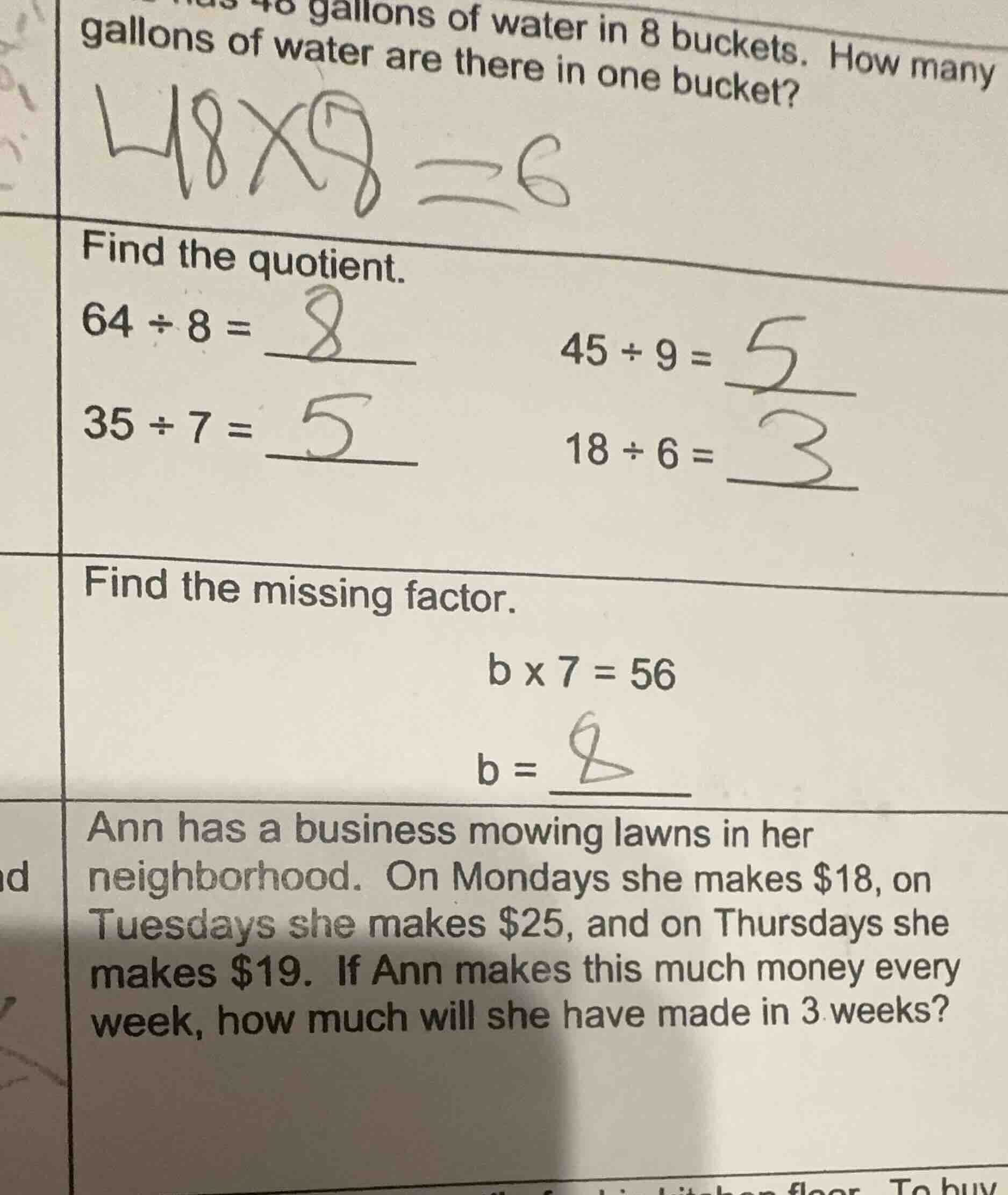 gallons of water are there in one bucket? find the quotient. 64 ÷ 8 = 4…