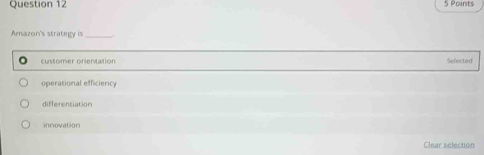 question 12 5 points amazons strategy is ______. - customer orientation…