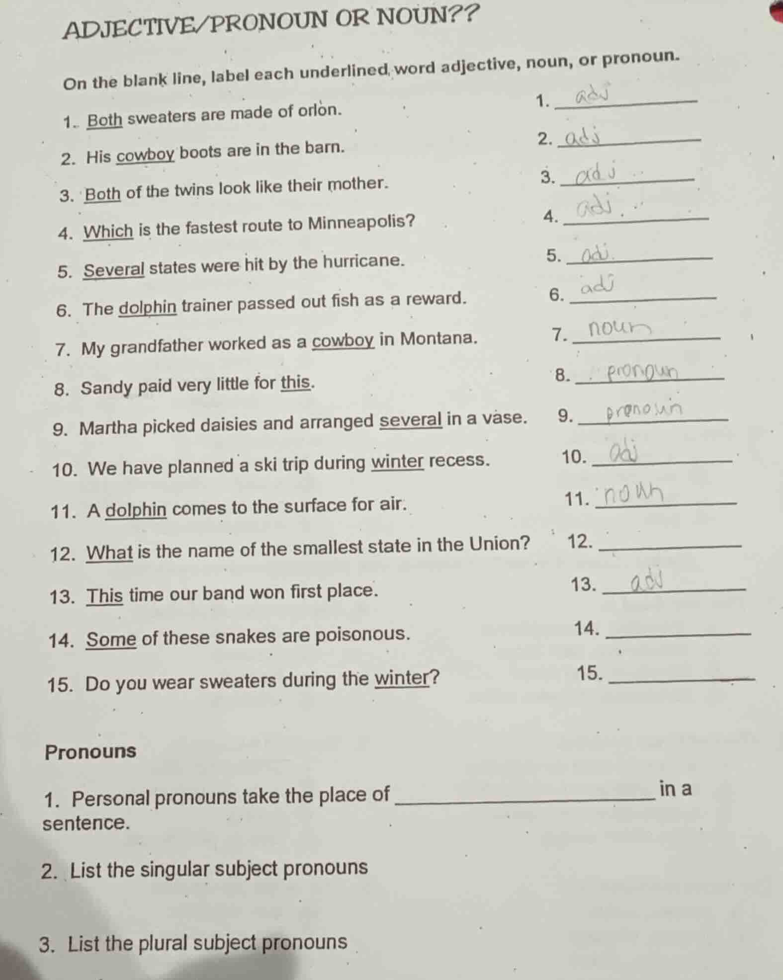 adjective/pronoun or noun?? on the blank line, label each underlined wo…
