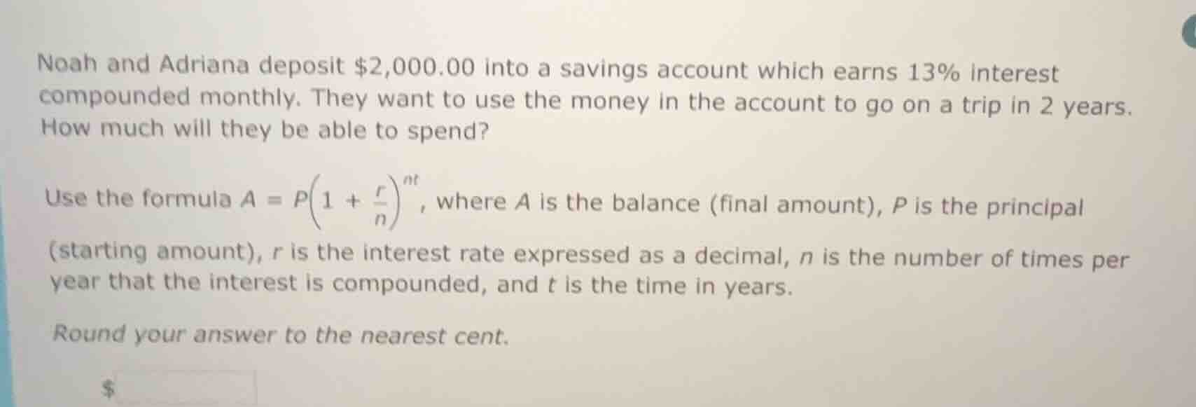 noah and adriana deposit $2,000.00 into a savings account which earns 1…