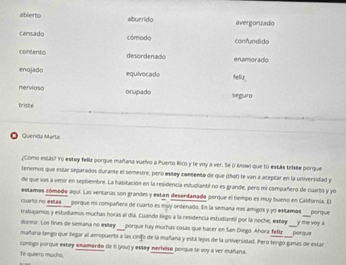 abierto aburrido avergonzado cansado cómodo confundido contento desorde…