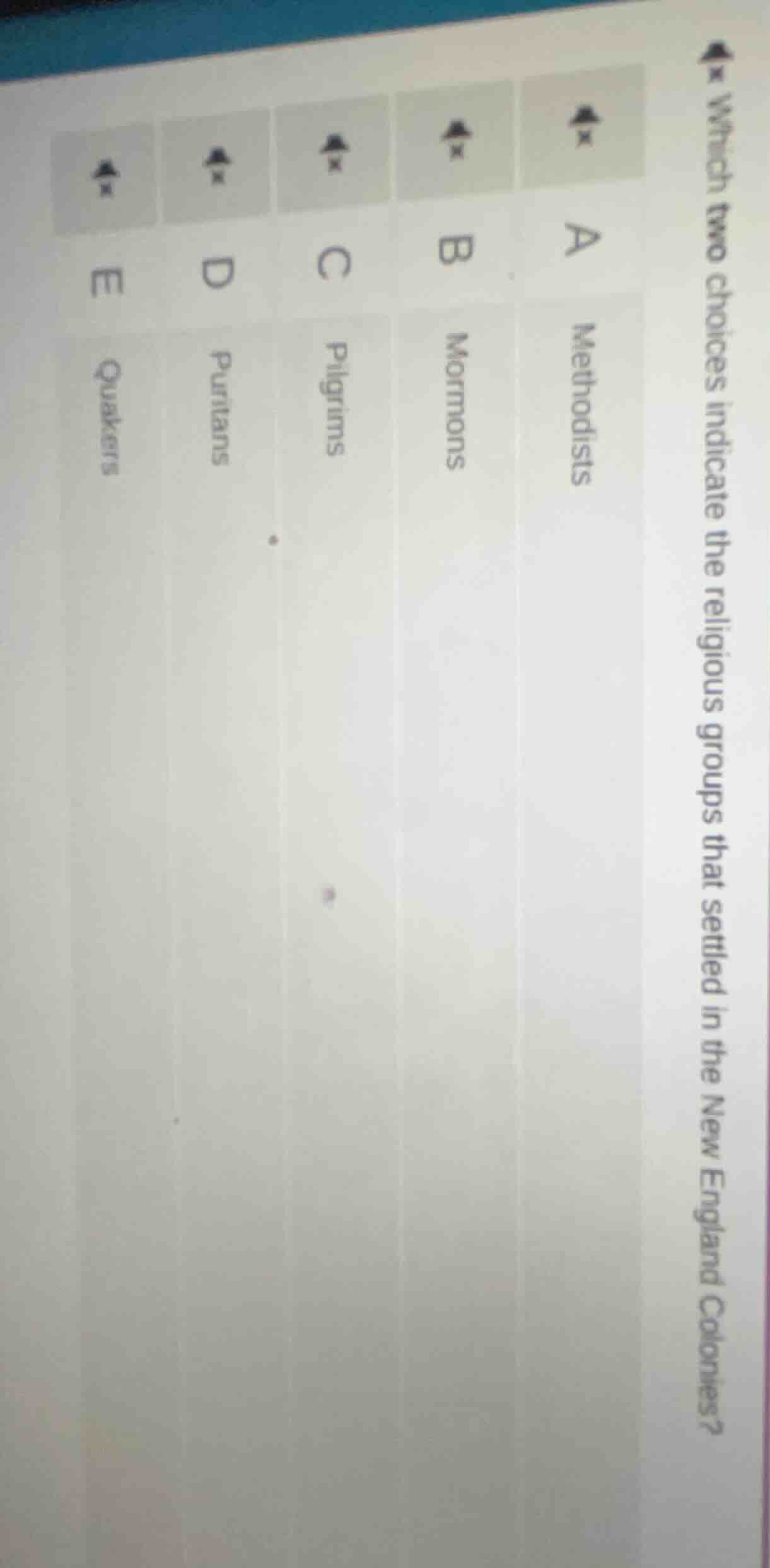 which two choices indicate the religious groups that settled in the new…