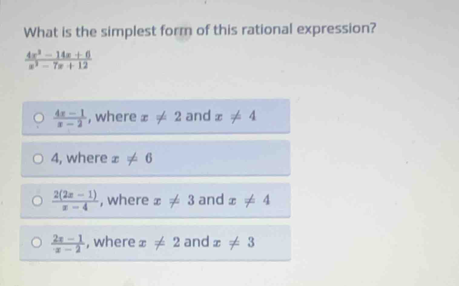 what is the simplest form of this rational expression?\\(\frac{4x^2 - 1…