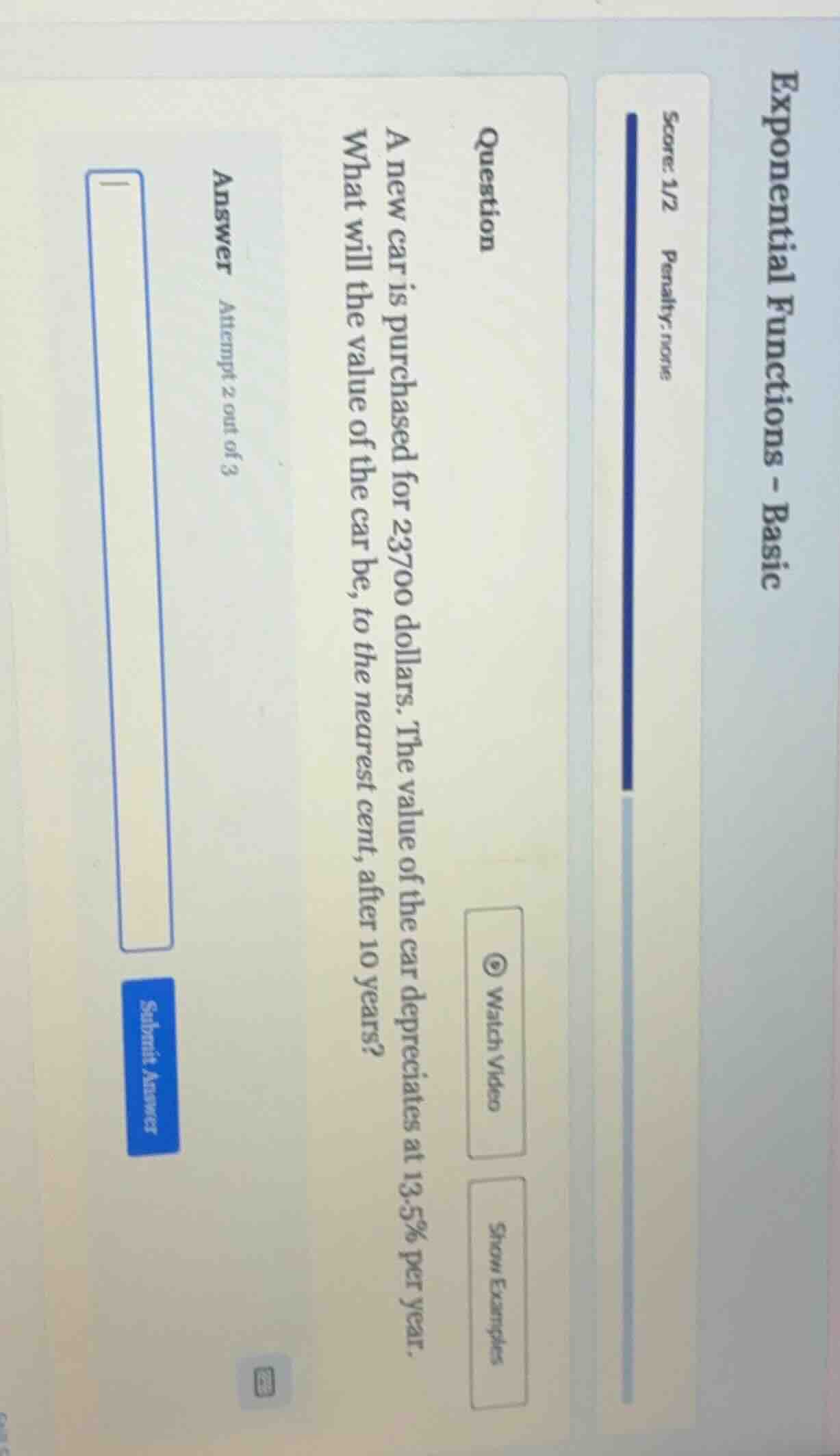 question a new car is purchased for 23700 dollars. the value of the car…