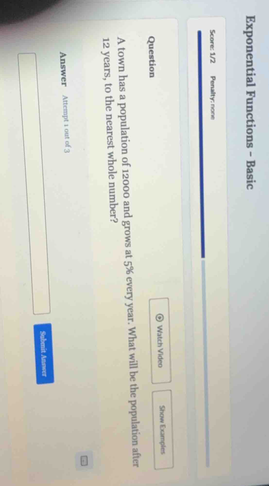 question a town has a population of 12000 and grows at 5% every year. w…