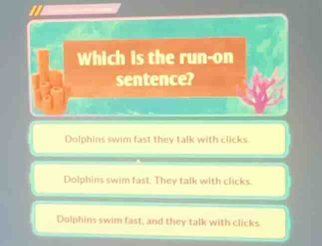 which is the run - on sentence? dolphins swim fast they talk with click…
