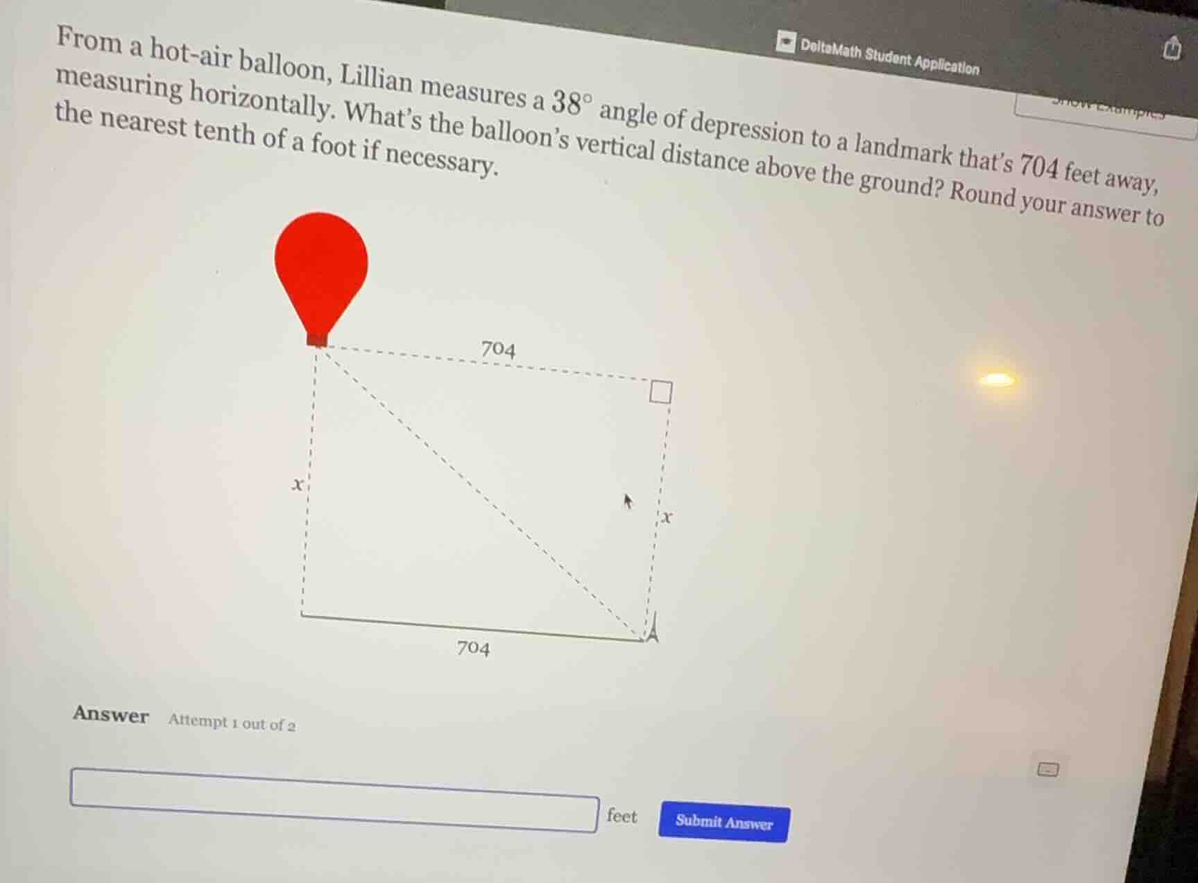 from a hot - air balloon, lillian measures a $38^{circ}$ angle of depre…