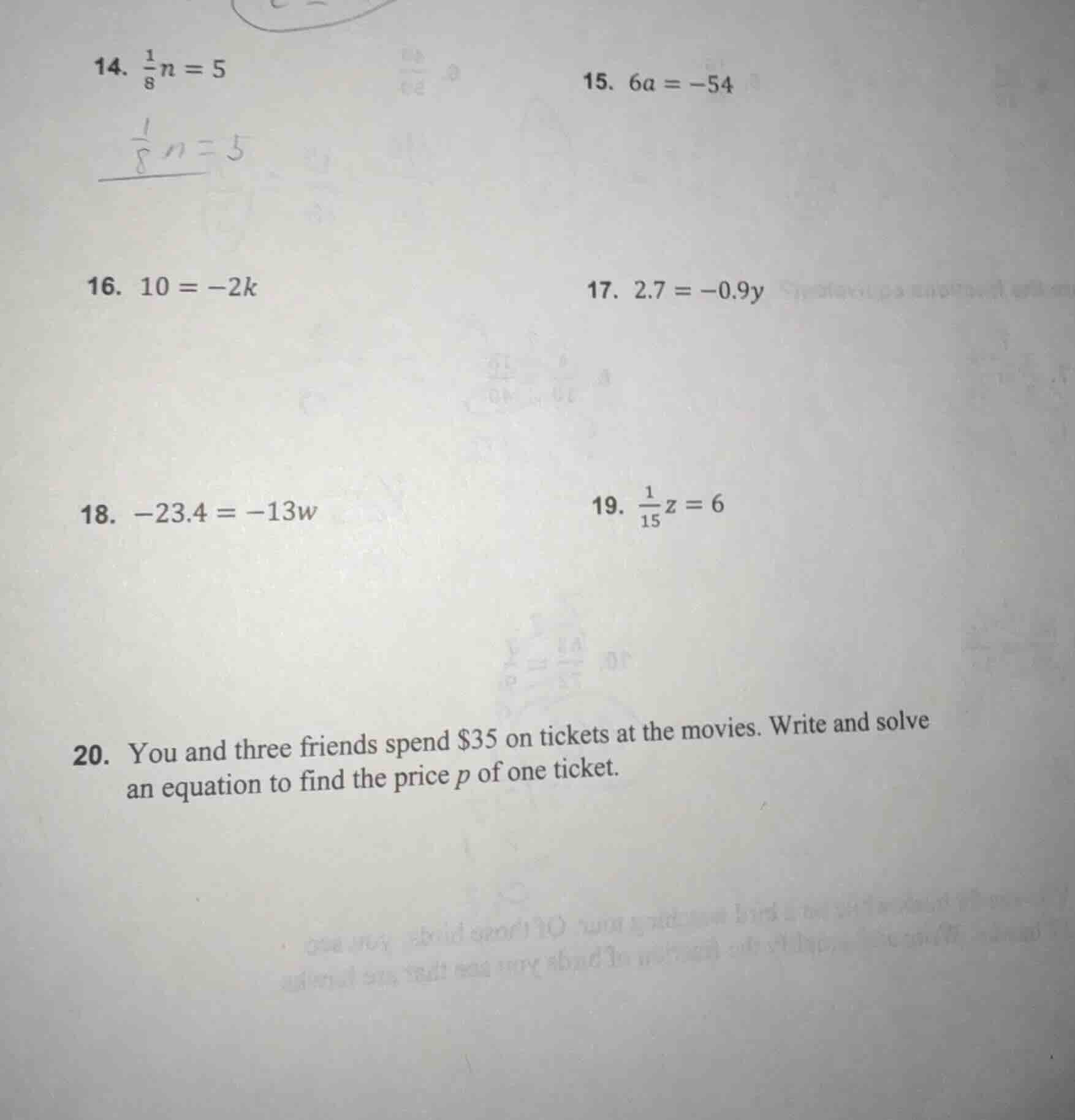 14. \\(\\frac{1}{8}n = 5\\) 15. \\(6a = -54\\) 16. \\(10 = -2k\\) 17. \…