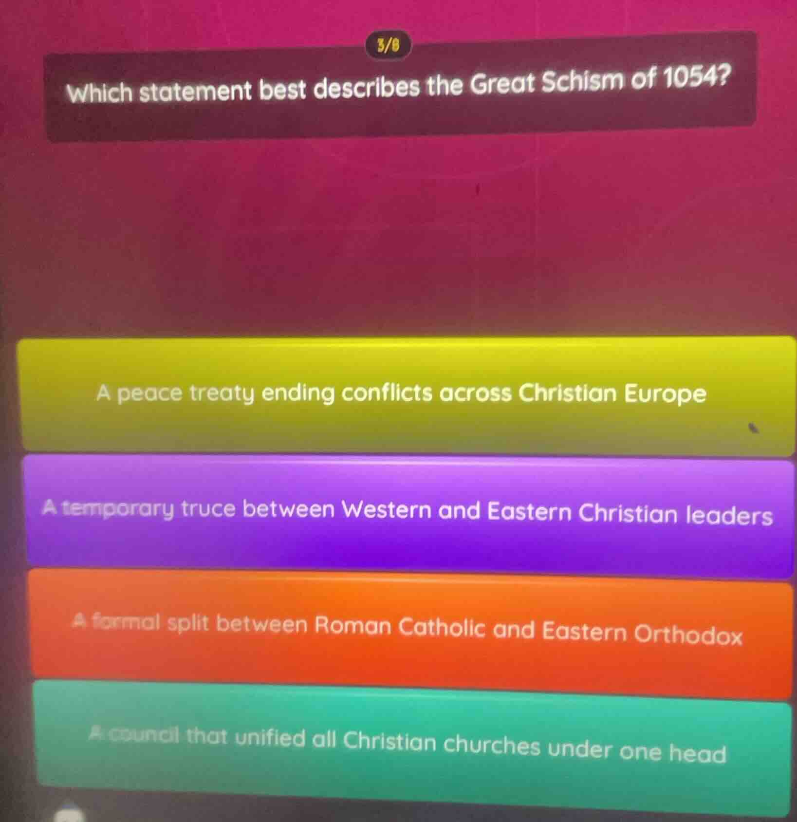 which statement best describes the great schism of 1054? a peace treaty…