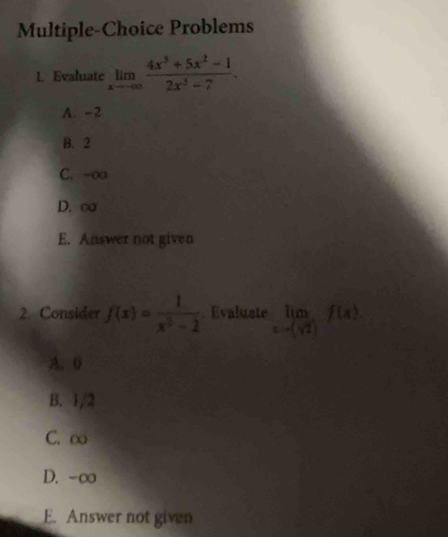 multiple-choice problems 1. evaluate \\(\\lim\\limits_{x\\to -\\infty} …