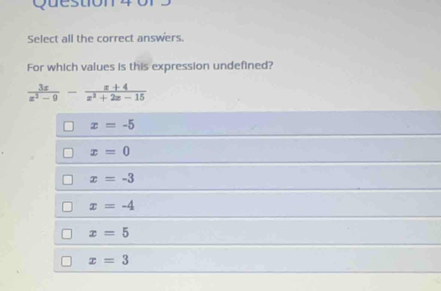 select all the correct answers. for which values is this expression und…