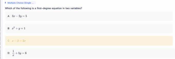 which of the following is a first - degree equation in two variables? a…