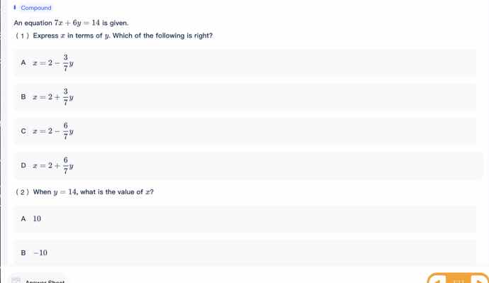 8 compound an equation ( 7x + 6y = 14 ) is given. (1) express ( x ) in …