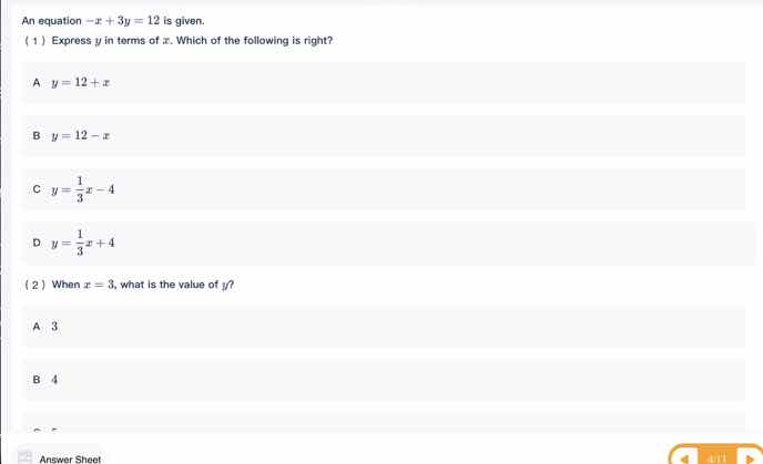 an equation (-x + 3y = 12) is given. (1) express (y) in terms of (x). w…