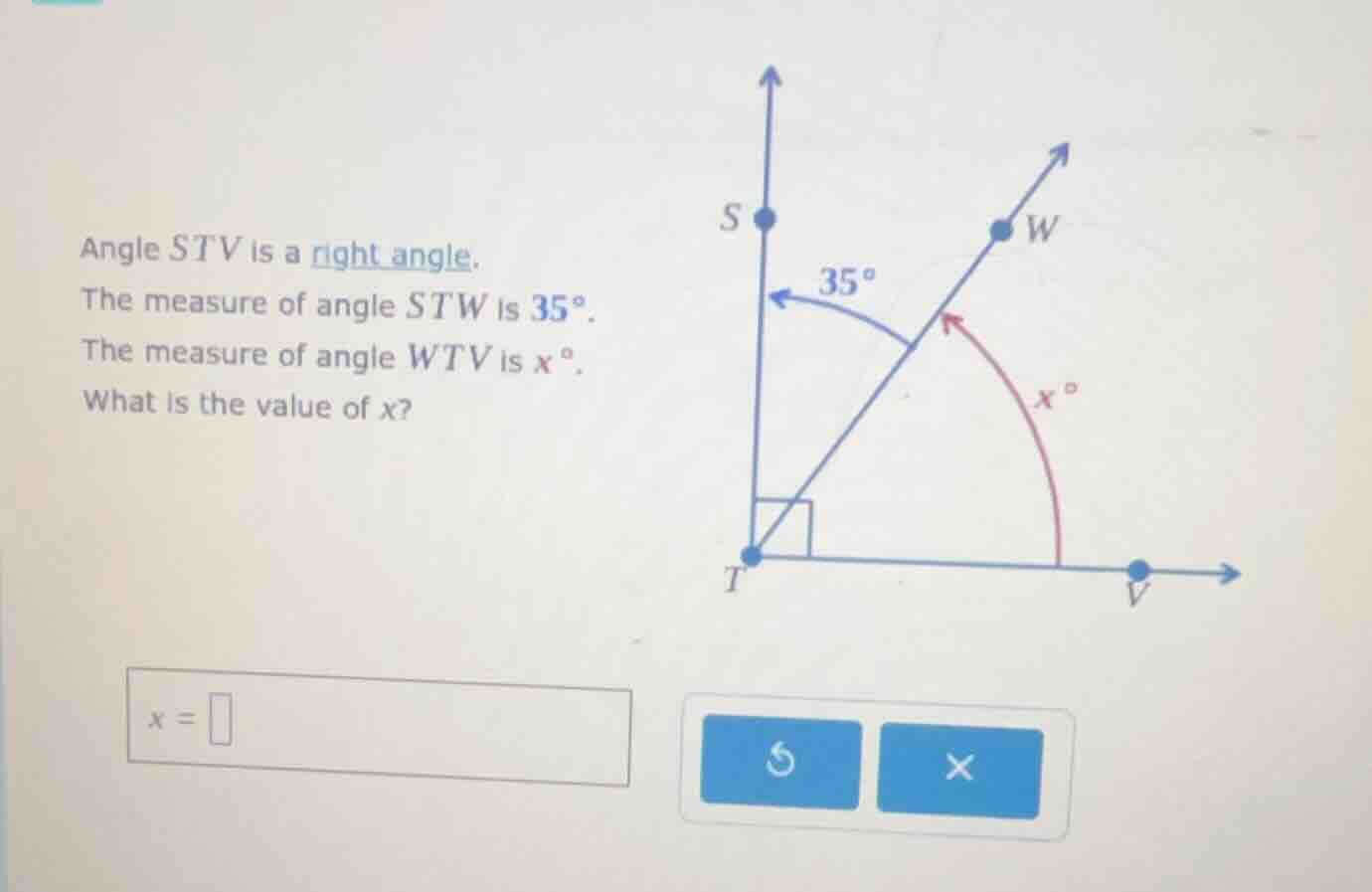 angle stv is a right angle. the measure of angle stw is 35°. the measur…