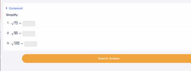 simplify: 1. \\( \\sqrt{72} = \\) 2. \\( \\sqrt{90} = \\) 3. \\( \\sqrt…