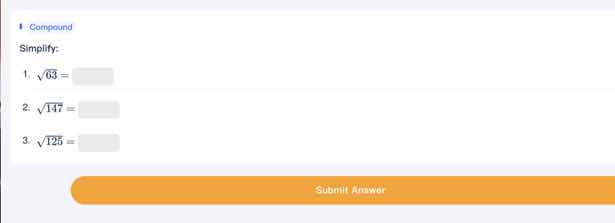 simplify: 1. \\(\\sqrt{63} = \\) 2. \\(\\sqrt{147} = \\) 3. \\(\\sqrt{1…