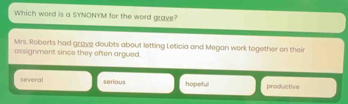 which word is a synonym for the word grave? mrs. roberts had grave doub…