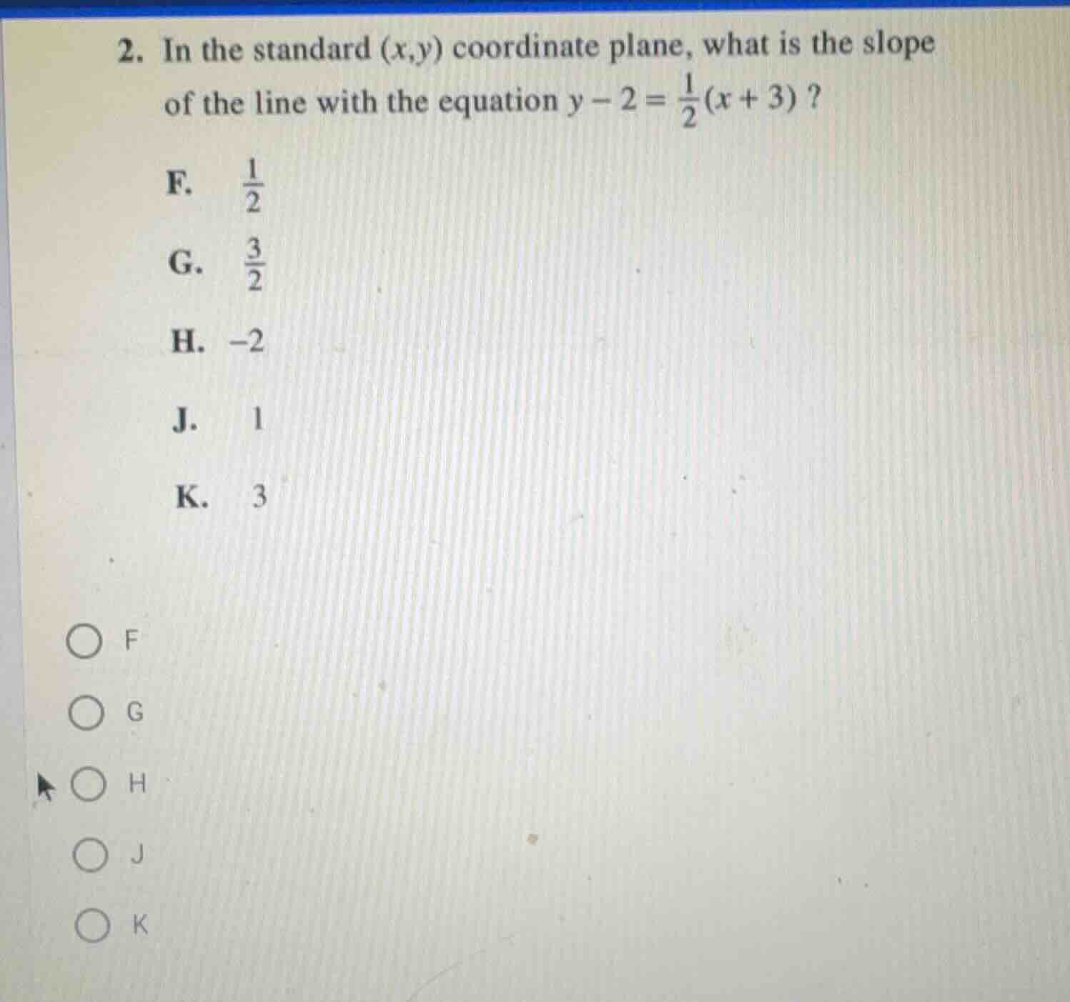 2. in the standard (x,y) coordinate plane, what is the slope of the lin…