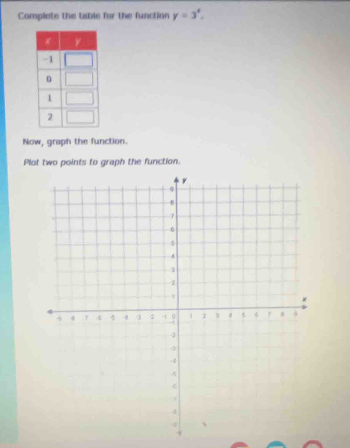 complete the table for the function $y = 3^x$. now, graph the function.…