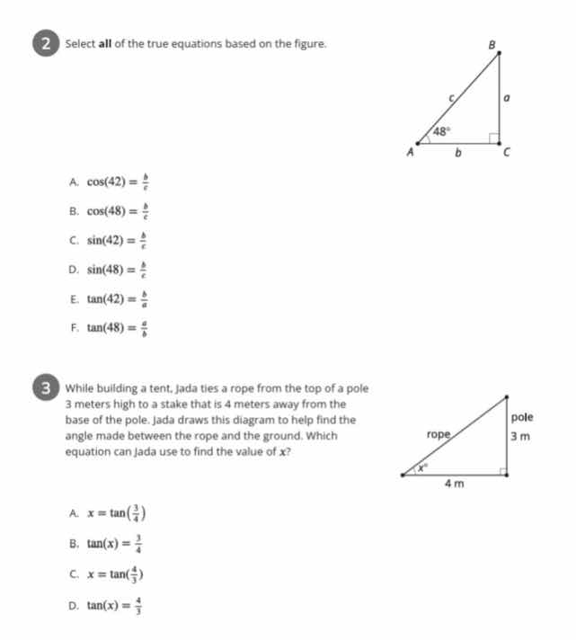 2 select all of the true equations based on the figure. a. \\( \\cos(42…