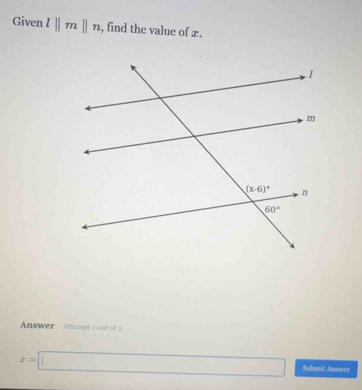 given ( l parallel m parallel n ), find the value of ( x ).