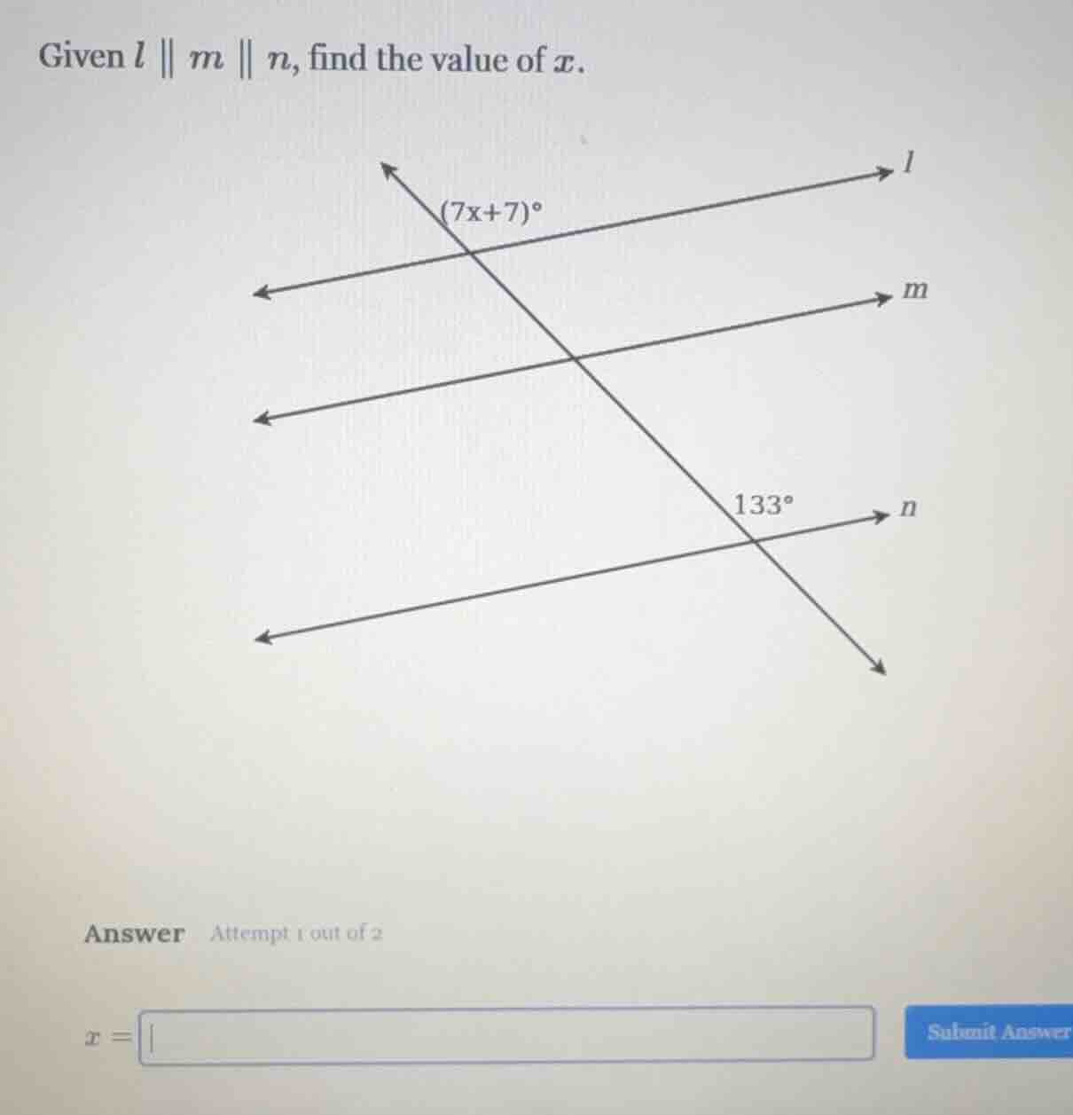 given ( l parallel m parallel n ), find the value of ( x ).
