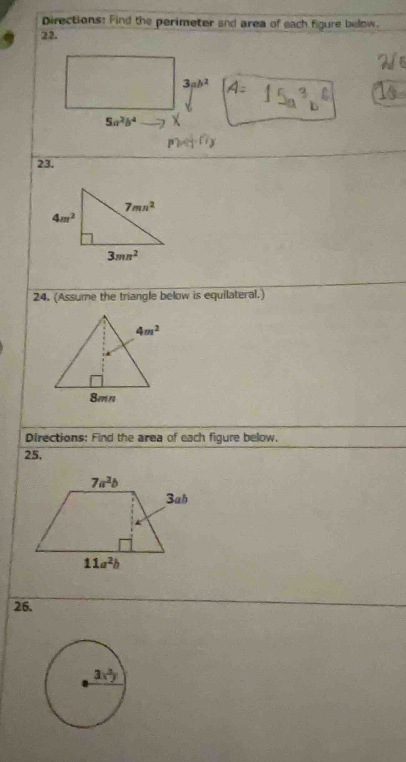 directions: find the perimeter and area of each figure below. 22. 23. 2…