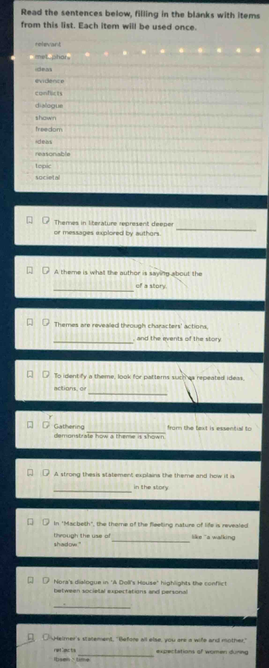 read the sentences below, filling in the blanks with items from this li…