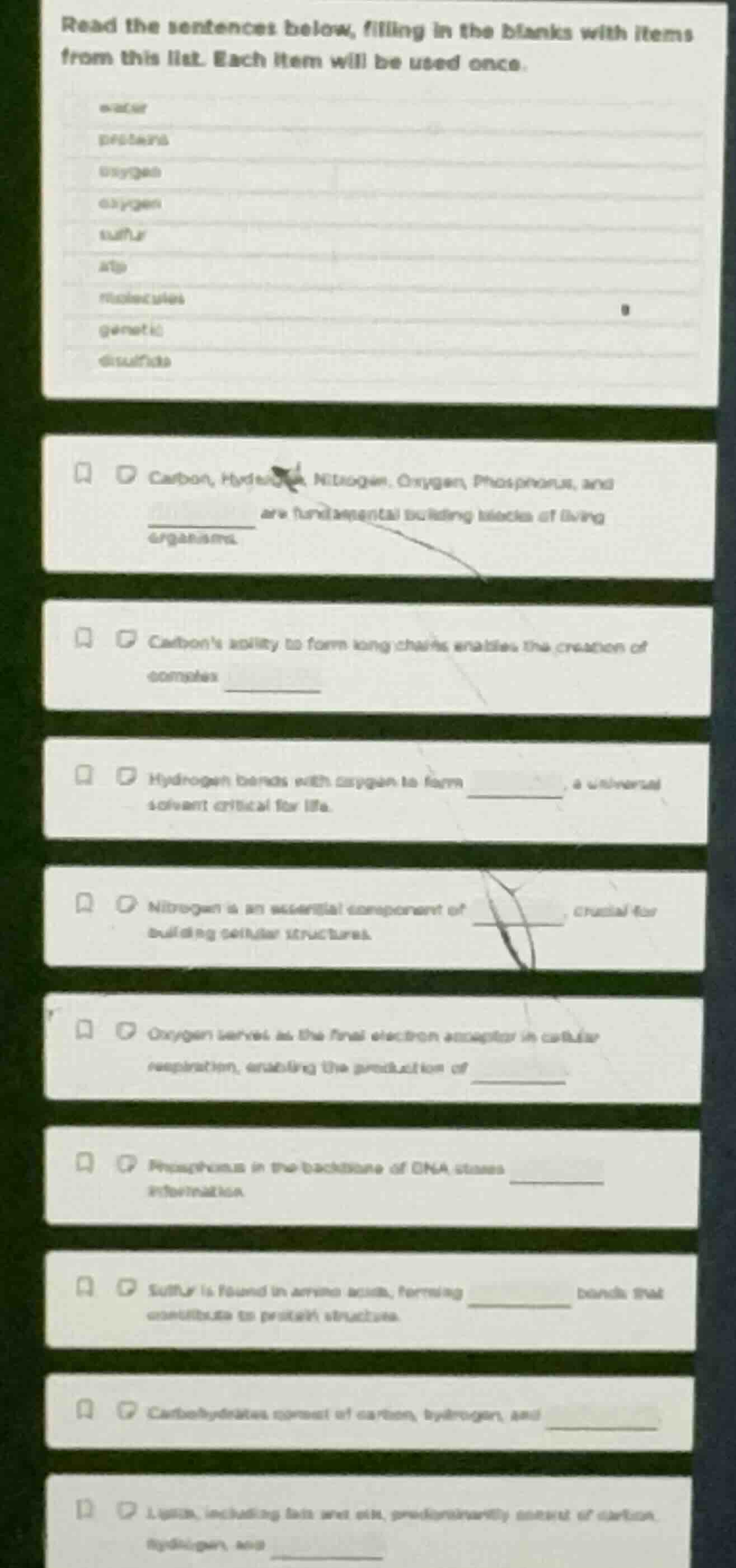 read the sentences below, filling in the blanks with items from this li…