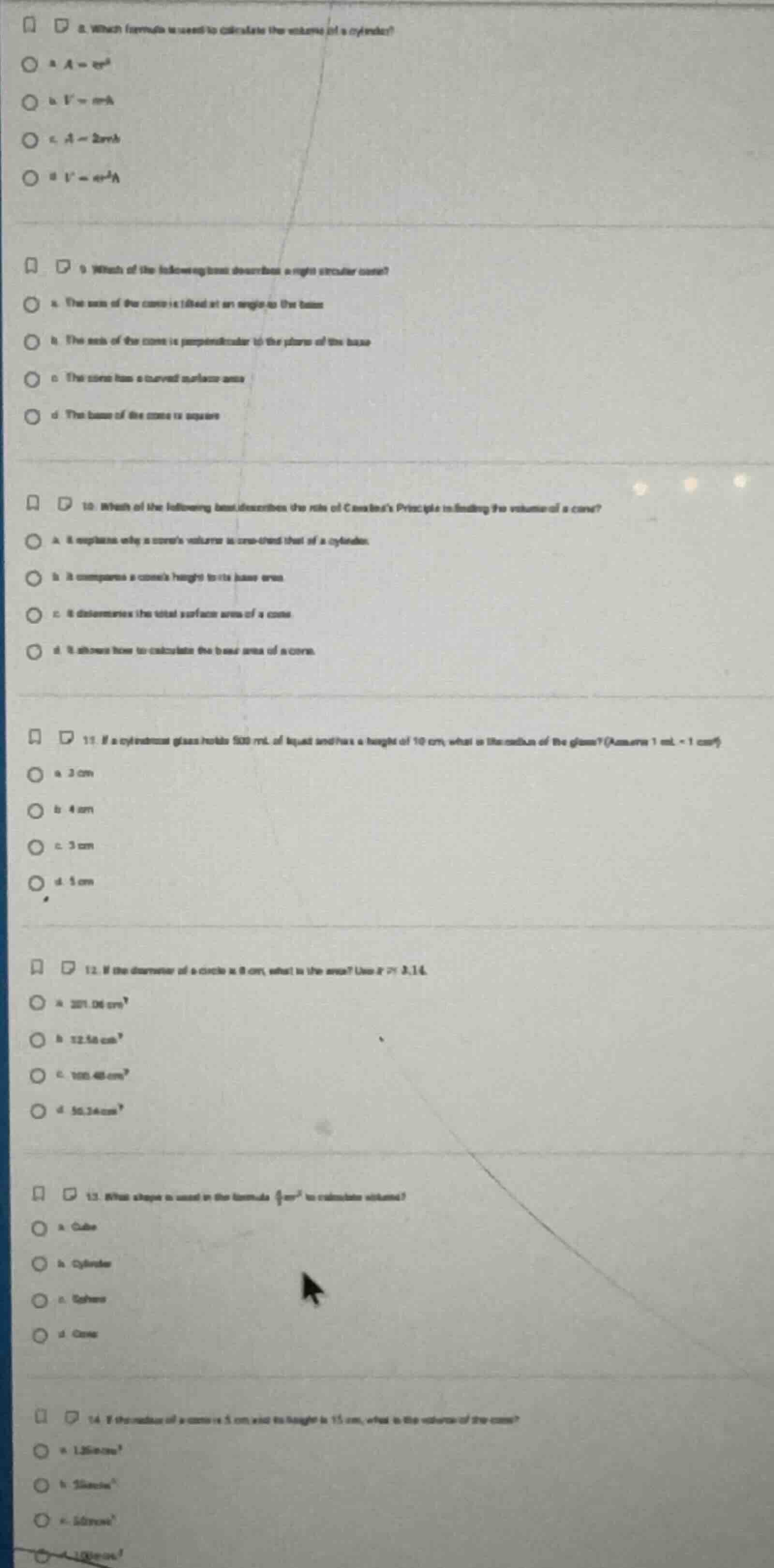 8. which formula is used to calculate the volume of a cylinder? a. $a =…