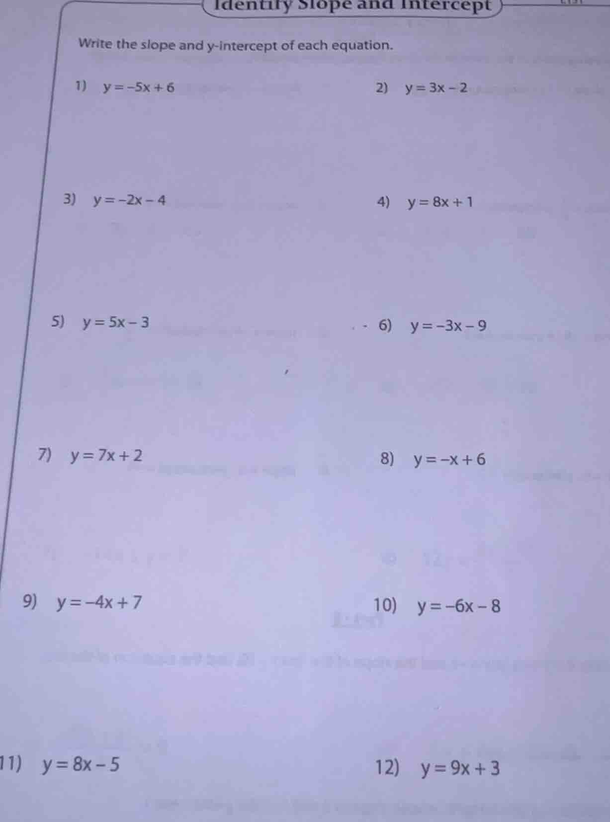 identify slope and intercept write the slope and y - intercept of each …