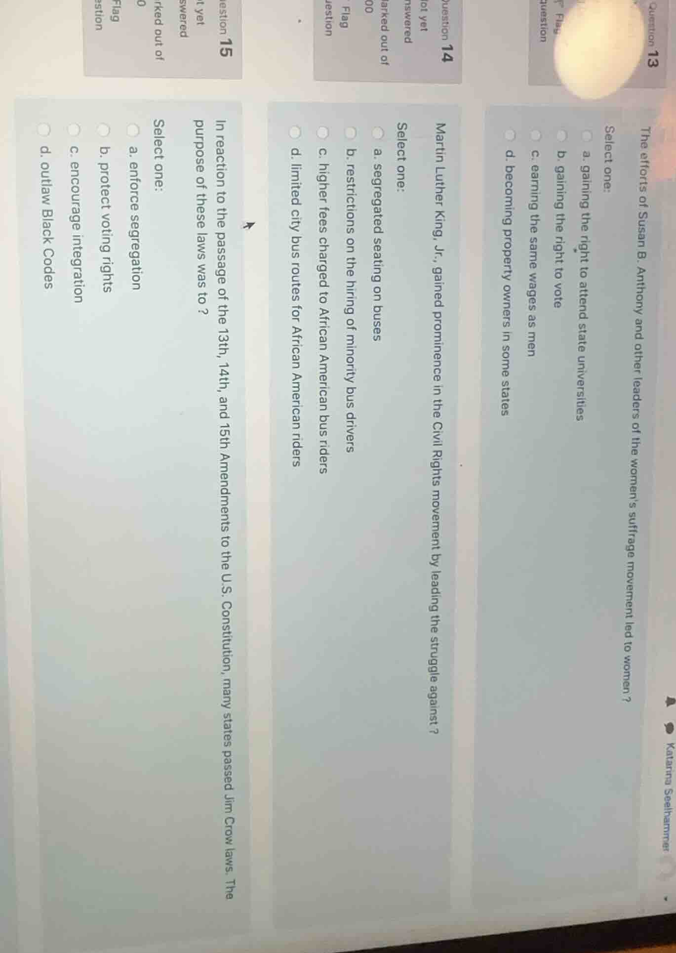 question 13 the efforts of susan b. anthony and other leaders of the wo…