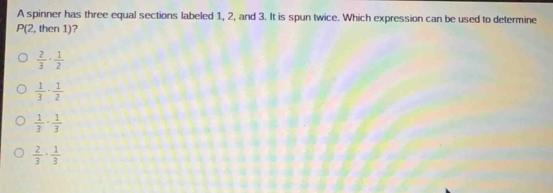 a spinner has three equal sections labeled 1, 2, and 3. it is spun twic…