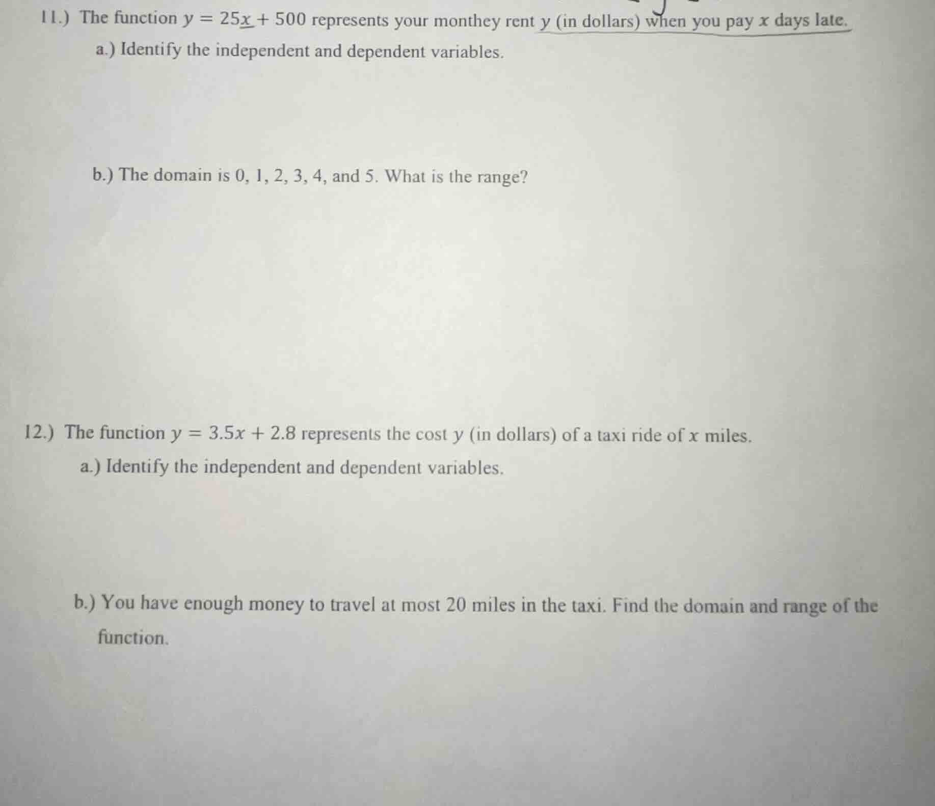11.) the function $y = 25x + 500$ represents your monthey rent $y$ (in …