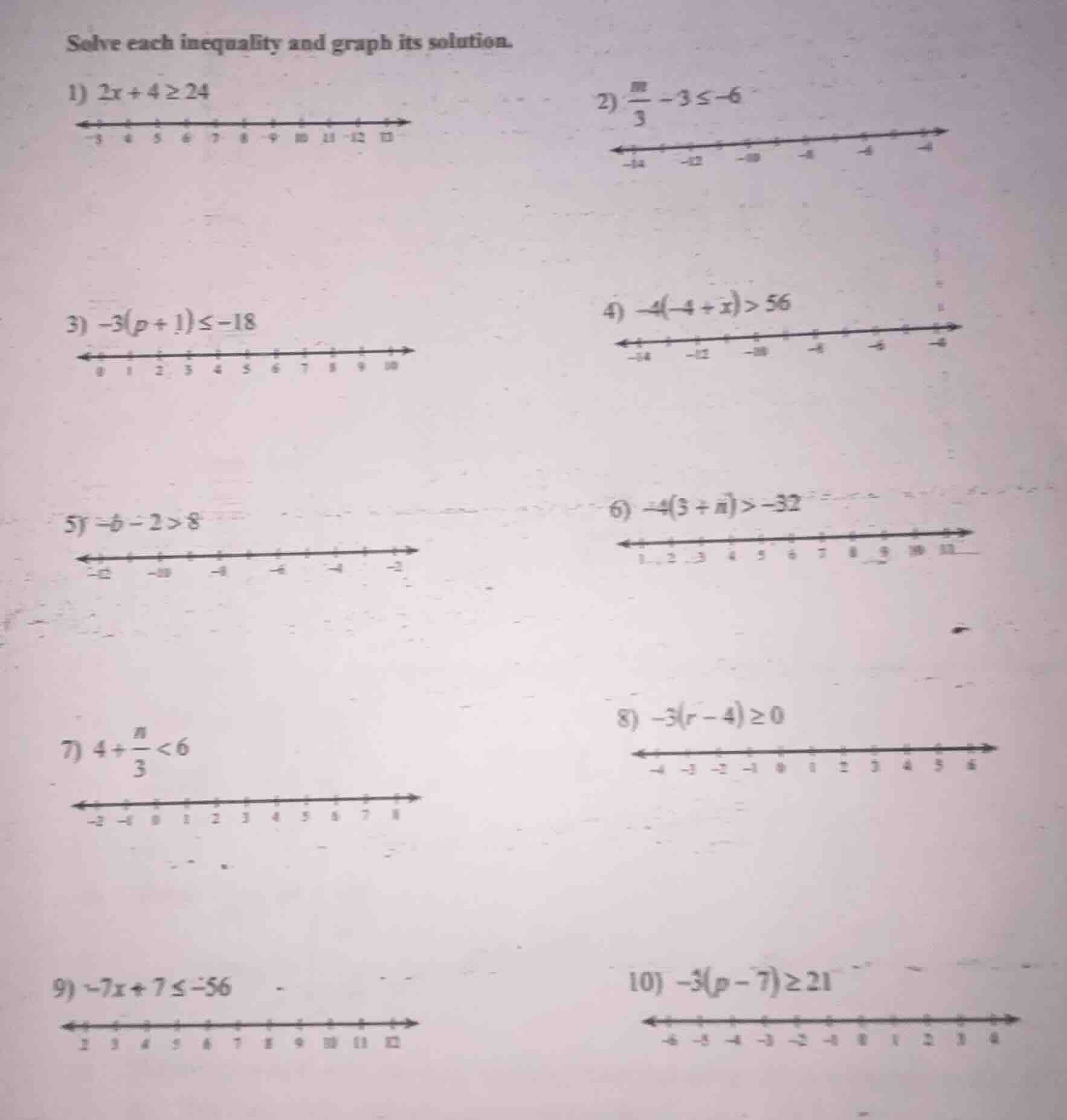 solve each inequality and graph its solution. 1) $2x + 4 \\geq 24$ 2) $…