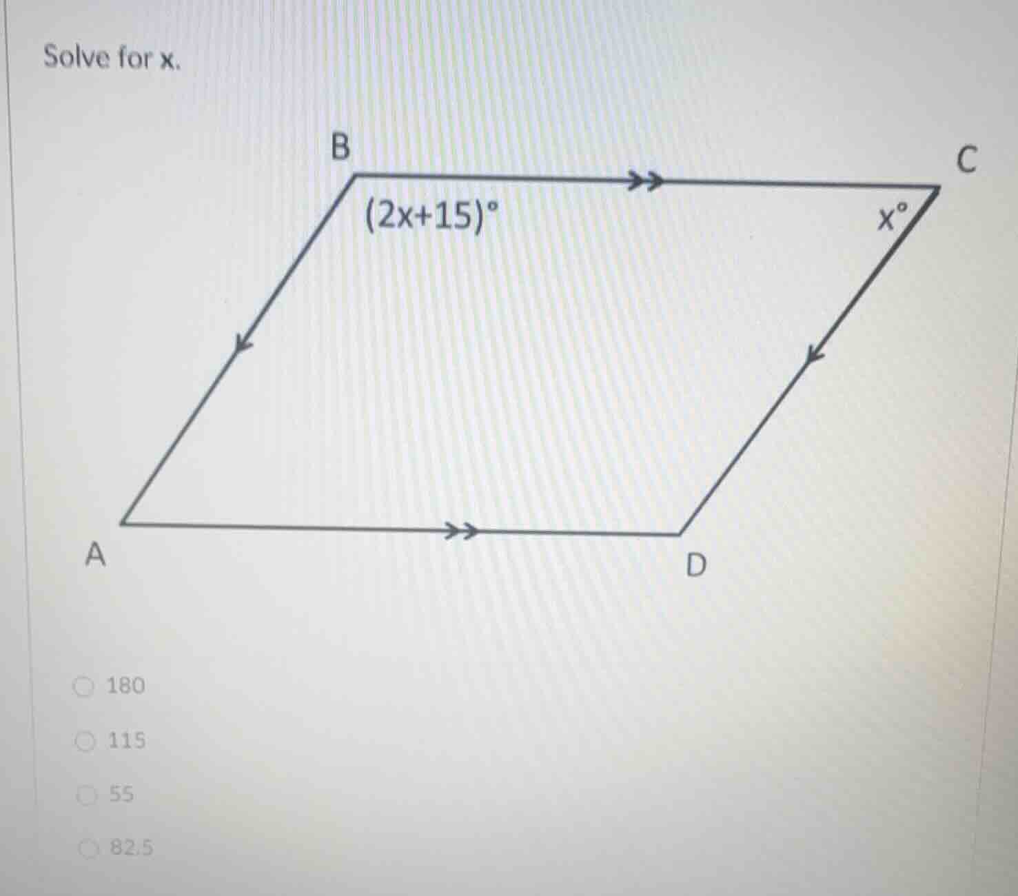 solve for x. (the image shows a parallelogram abcd with angle at b bein…