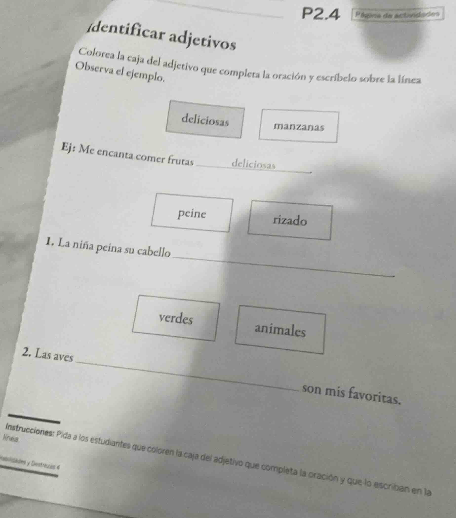 identificar adjetivos colorea la caja del adjetivo que completa la orac…