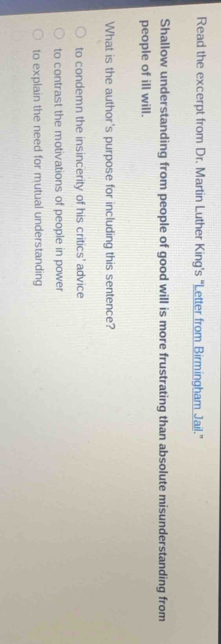 read the excerpt from dr. martin luther king’s “letter from birmingham …