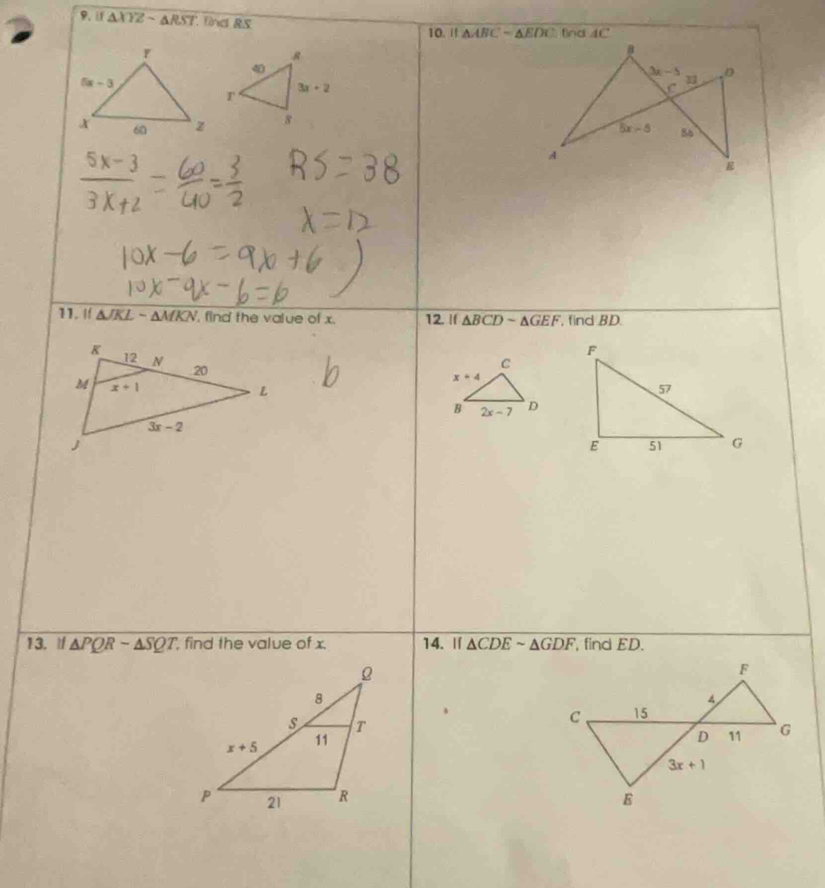 9. if δxyz ~ δrst, find rs 10. if δabc ~ δedc, find ac 11. if δjkl ~ δm…