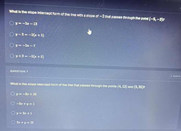 what is the slope intercept form of the line with a slope of -2 that pa…