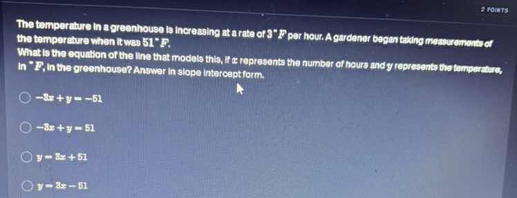 the temperature in a greenhouse is increasing at a rate of $3^{circ}$f …