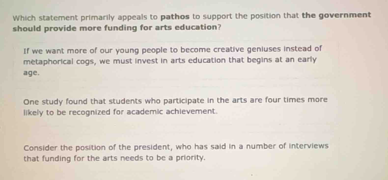 which statement primarily appeals to pathos to support the position tha…