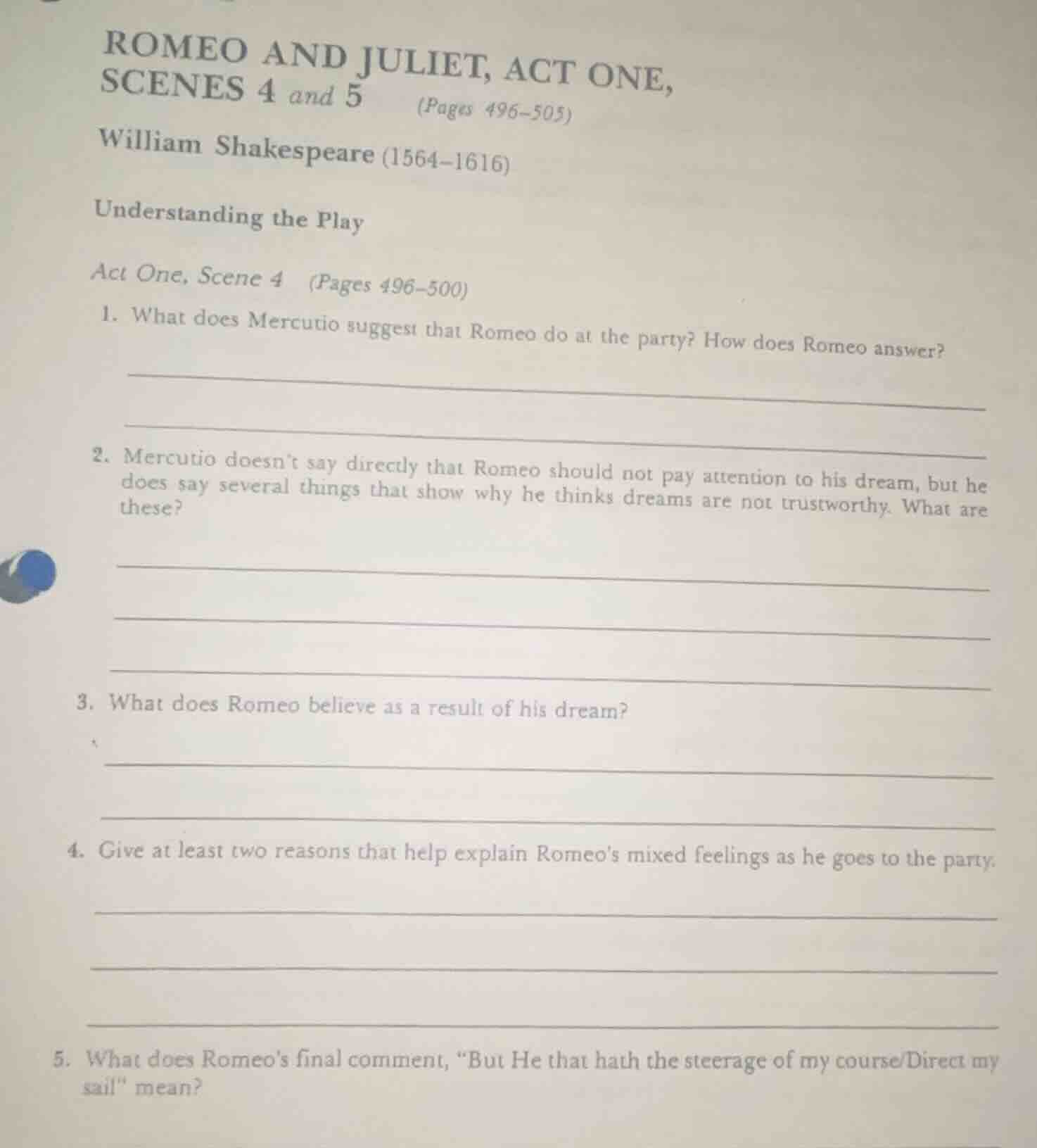 romeo and juliet, act one, scenes 4 and 5 (pages 496 - 505) william sha…