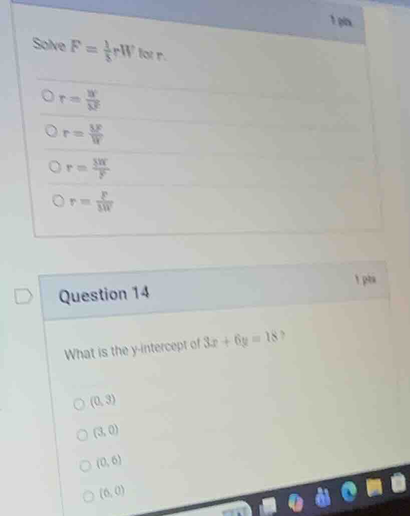 solve $f = \\frac{1}{3}rw$ for $r$. \ $\\bigcirc r = \\frac{w}{3f}$ \ $…