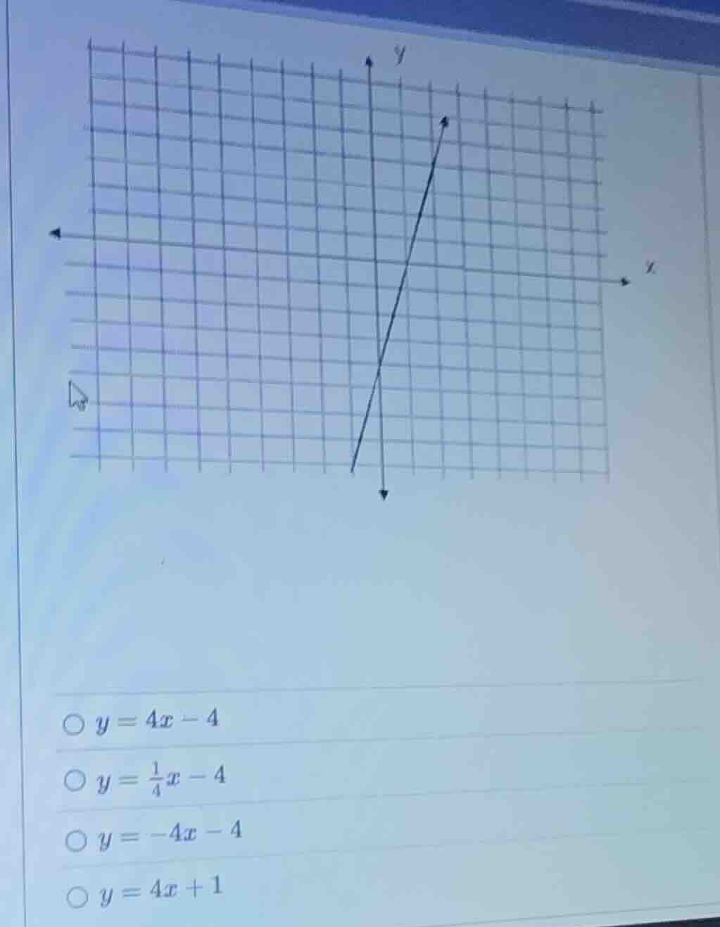 the image shows a line on a coordinate grid. the options are: ① $y = 4x…