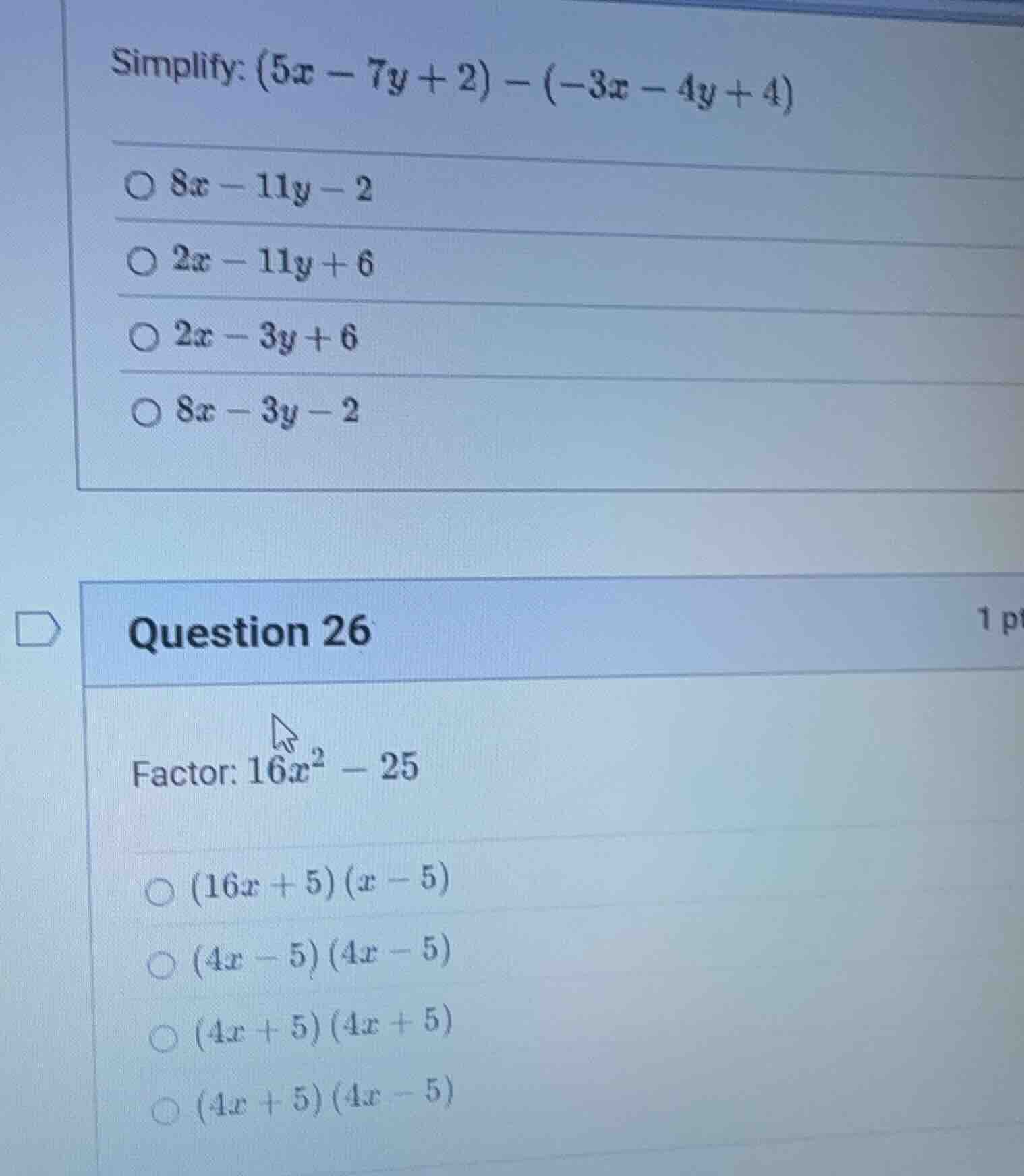 simplify: $(5x - 7y + 2) - (-3x - 4y + 4)$ $\\bigcirc$ $8x - 11y - 2$ $…
