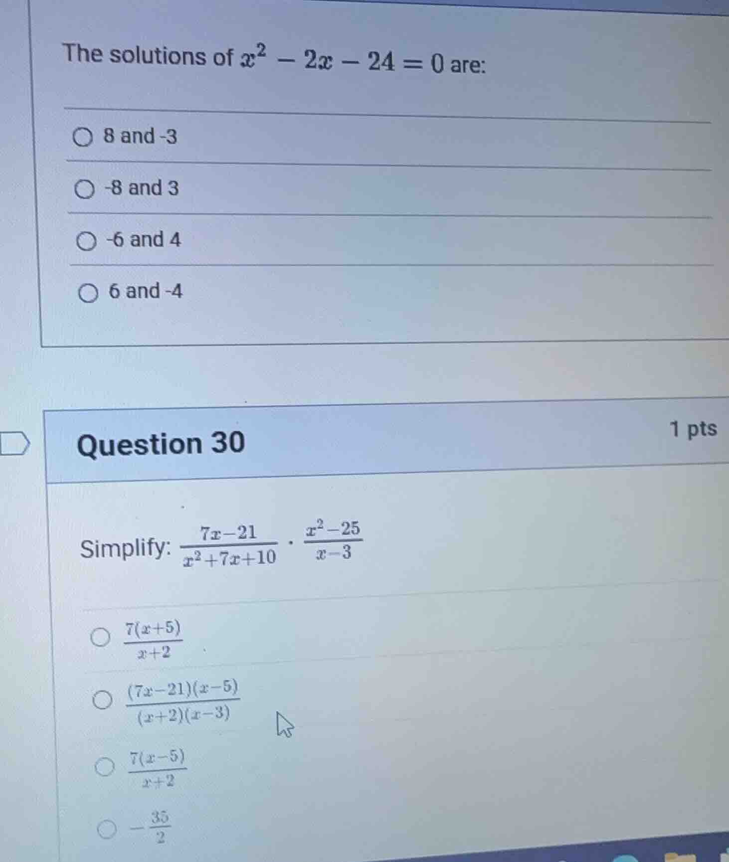 the solutions of $x^2 - 2x - 24 = 0$ are: 8 and -3 -8 and 3 -6 and 4 6 …