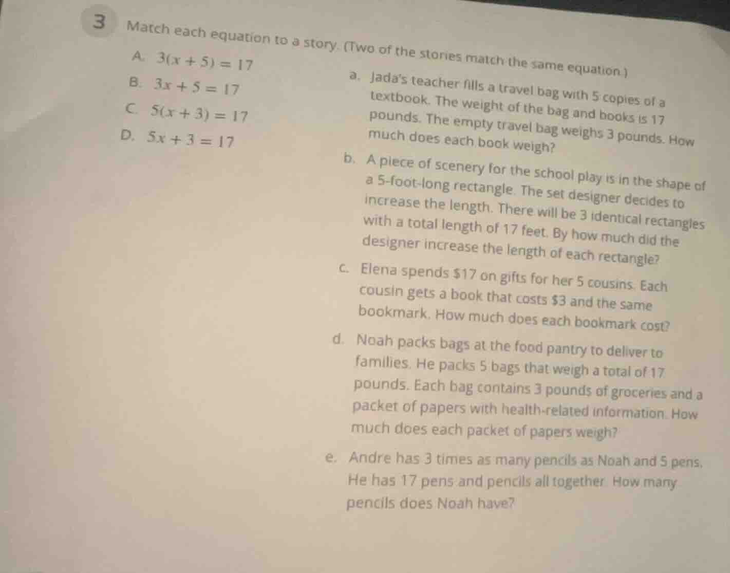 3 match each equation to a story. (two of the stories match the same eq…